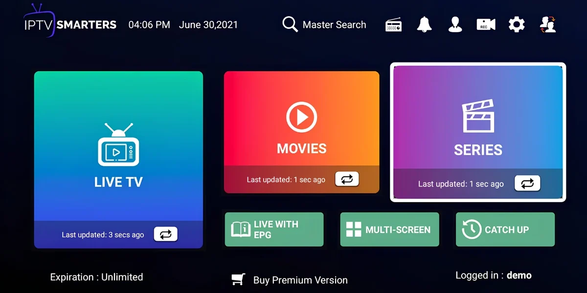 IPTV Smarters Pro affiché en 4K sur une Smart TV dans un salon